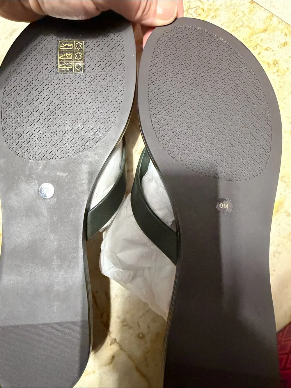 Tory Burch Dark Olive Logo Thong Sandals